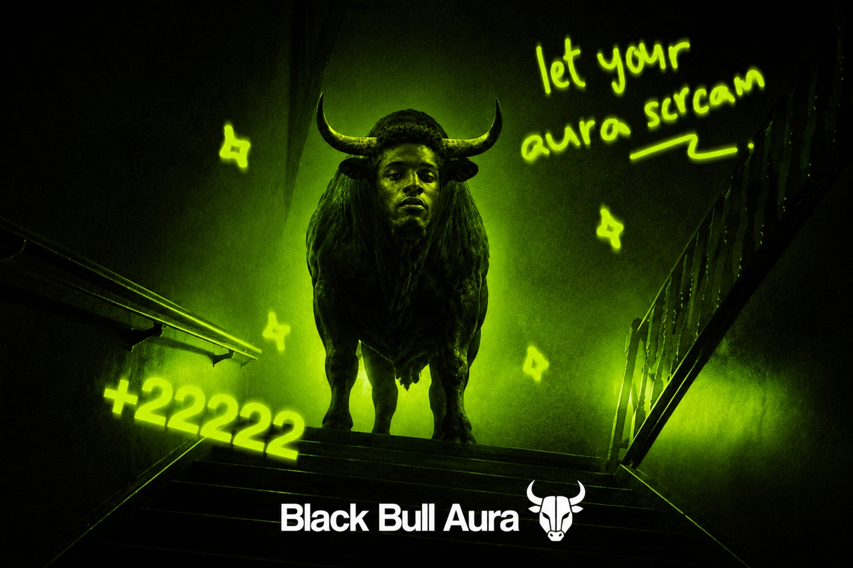 black bull radiating a green aura in the dark